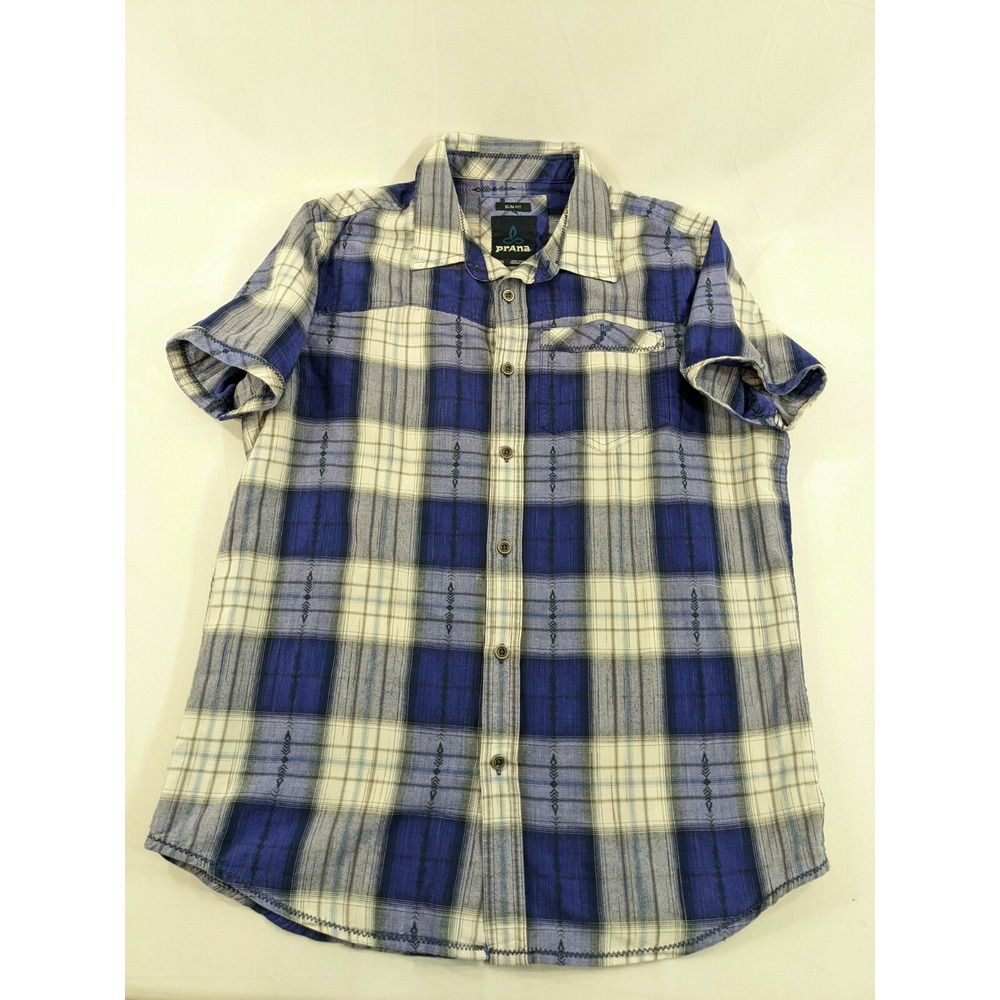 Prana Men's  Slim Fit Short Sleeve Metal Button Aztec Shirt‎ Purple Plaid Small